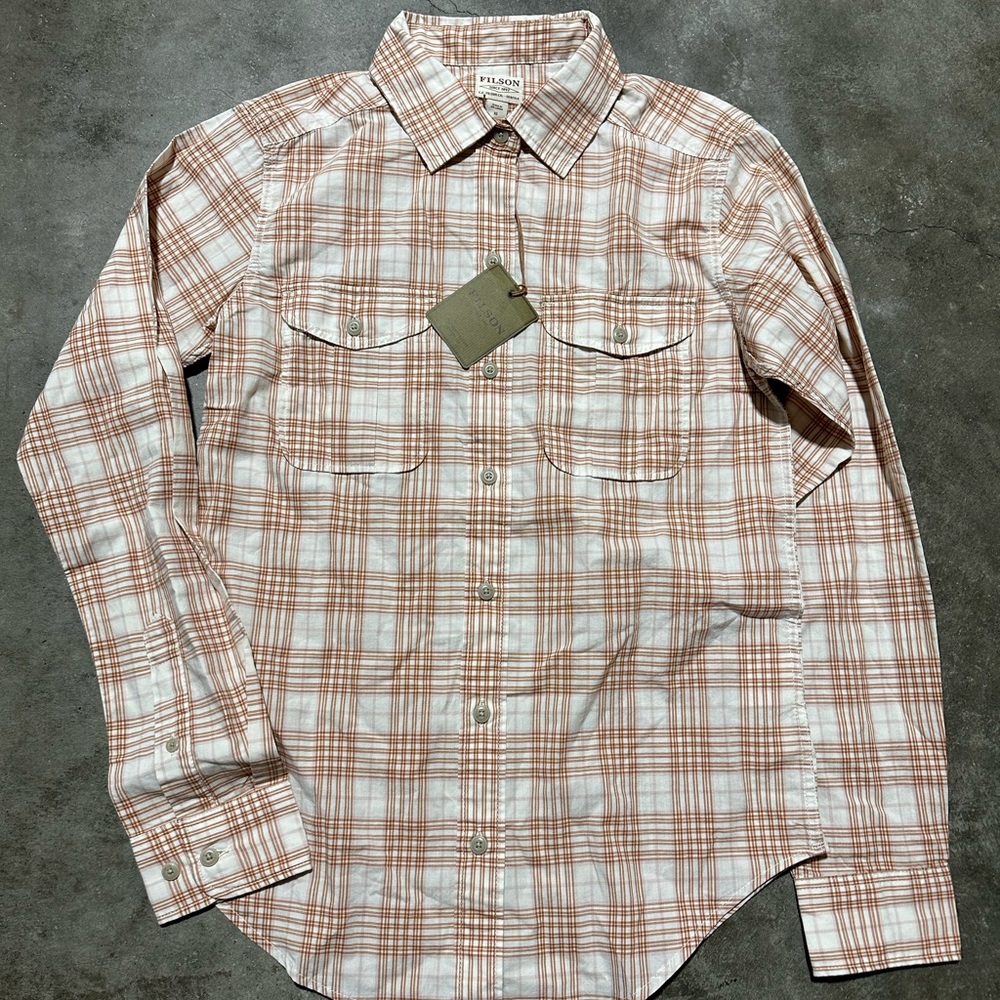 NWT Filson Kadin Island Long Sleeve Button Up Shirt White Tan Plaid